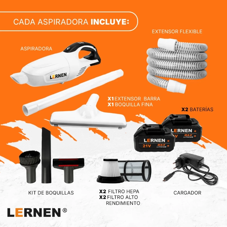 ASPIRADORA INALAMBRICA LERNEN 21V + 2 BATERIAS + ACCESORIOS - 2