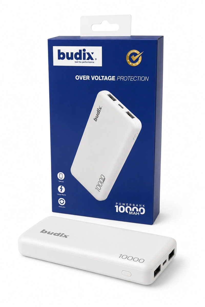 POWER BANK BUDIX 10.000 MAH CON DOBLE SALIDA USB-A ENTRADA USB-C INDICADOR LED Y PROTECCION BLANCO - 1