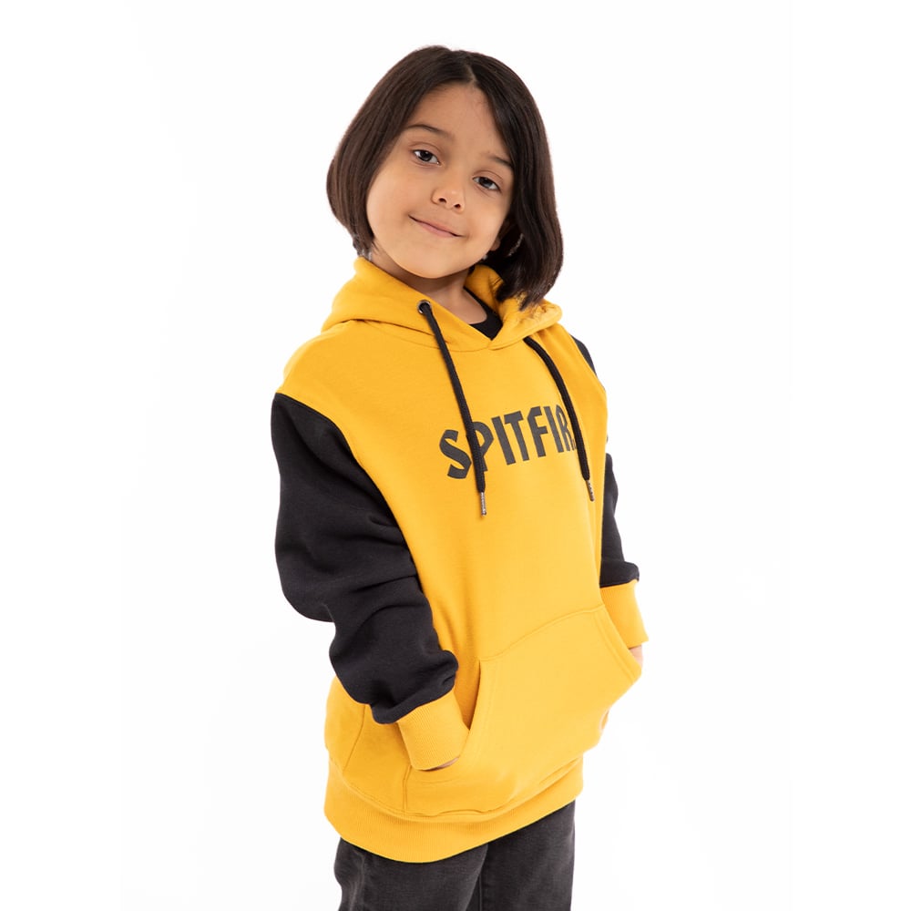 POLERÓN ALGODÓN NIÑO SPITFIRE AMARILLO CANGURO CON CAPUCHA 360° CON NEGRO - 1