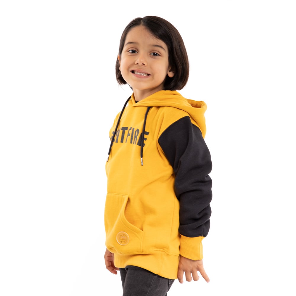 POLERÓN ALGODÓN NIÑO SPITFIRE AMARILLO CANGURO CON CAPUCHA 360° CON NEGRO - 2