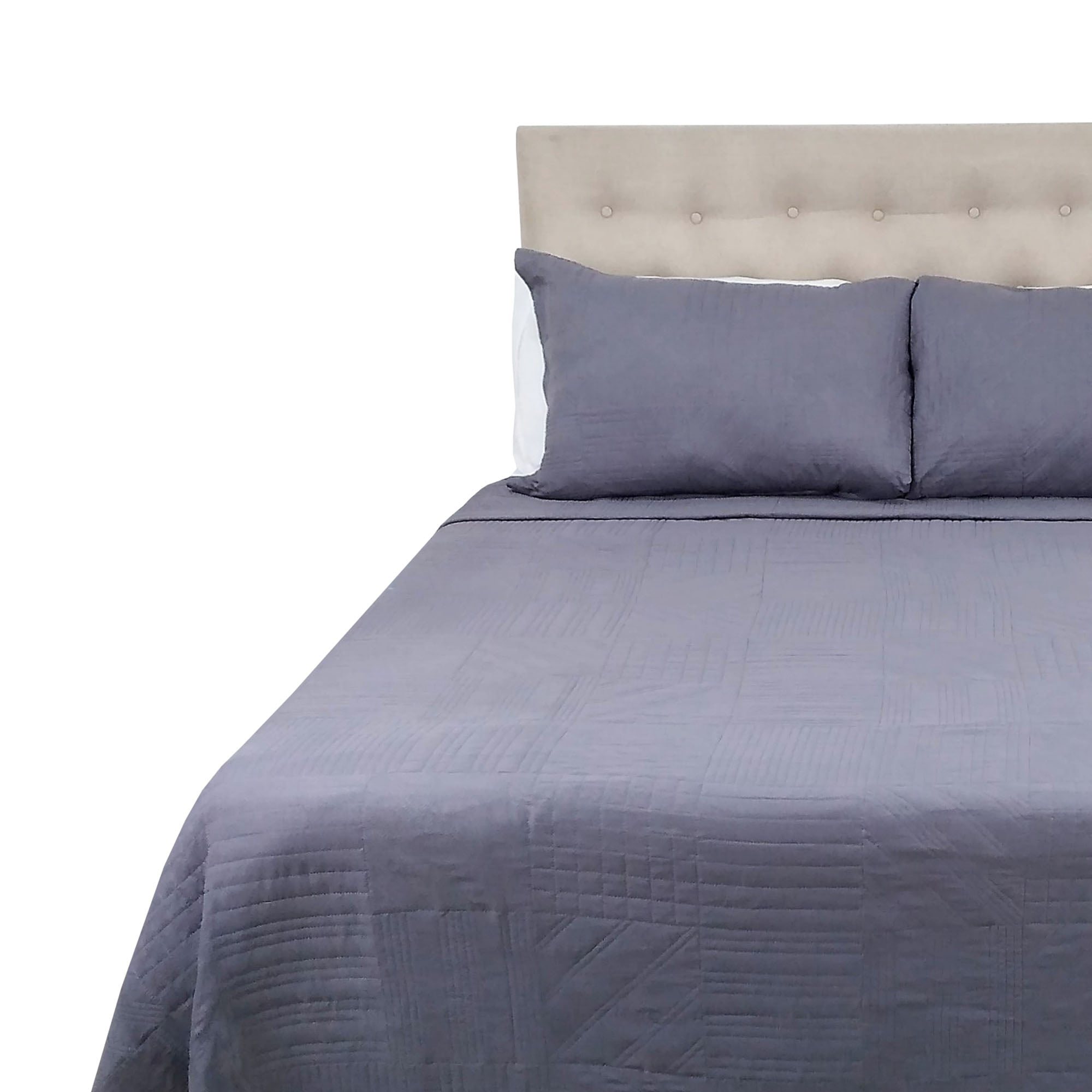 CUBRECAMA CHANTILLY MICROFIBRA GRIS BORDADO PREWASH CUADROS KING ACERO - 1
