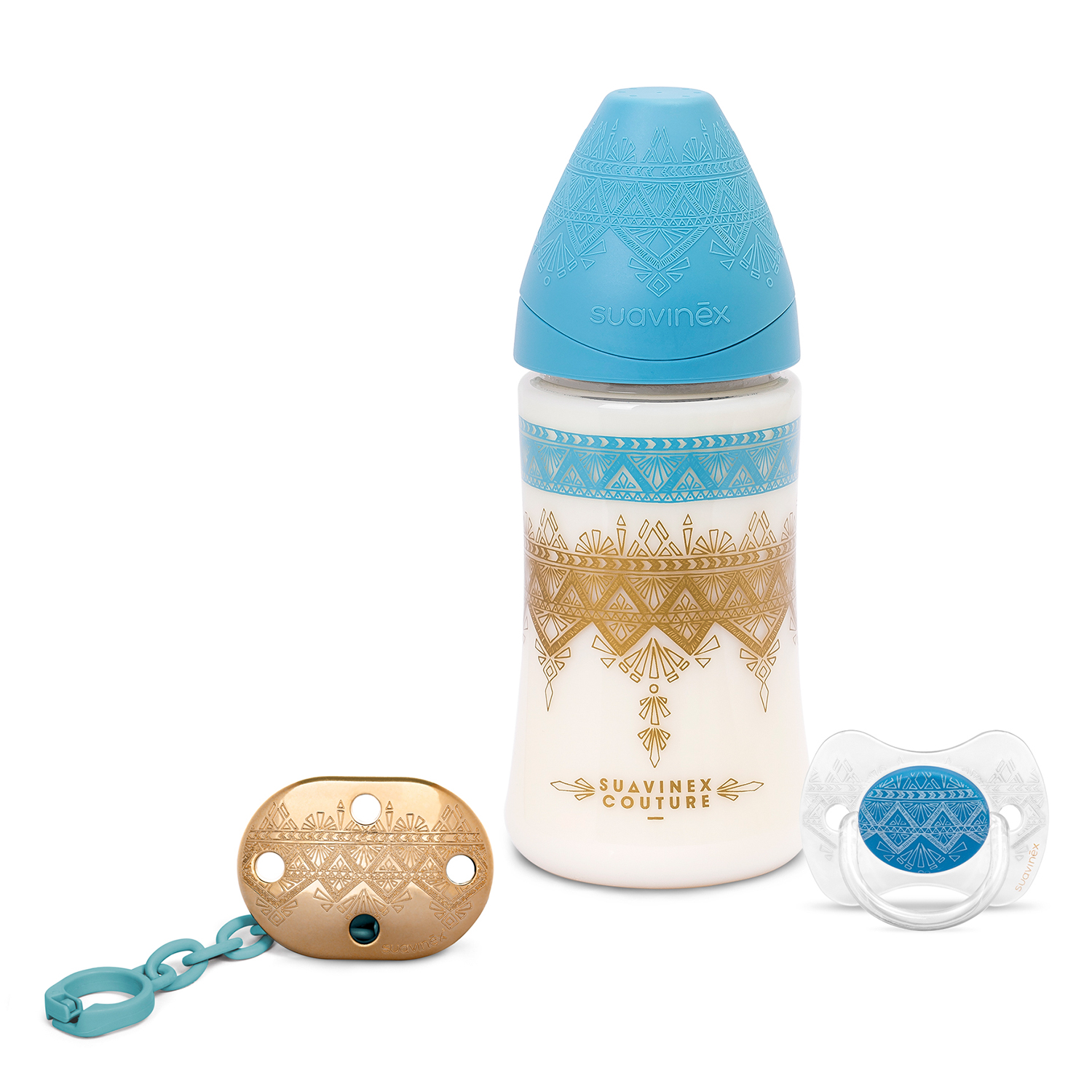 SET SUAVINEX CHUPETE+MAMADERA+BROCHE PREMIUM 0/4M NIÑO CELESTE - 1