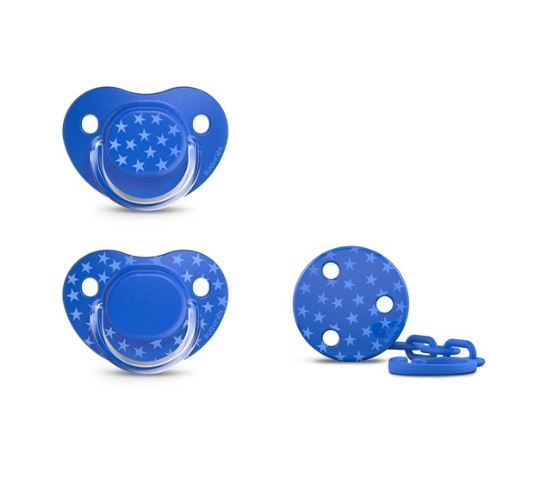 PACK 2 CHUPETES TETINA ANATOMICA 6/18M + BROCHE THE BASICS AZUL - 1