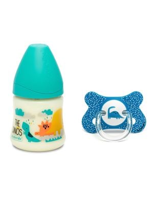 PACK MAMADERA SILICONA DINO CELESTE 150ML + CHUPETE +4-18M AZUL - 1