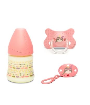 PACK CHUPETE +4-18M INDIO ROSADO + BROCHE ROSADO + MAMADERA 150 ML ROSADO - 1