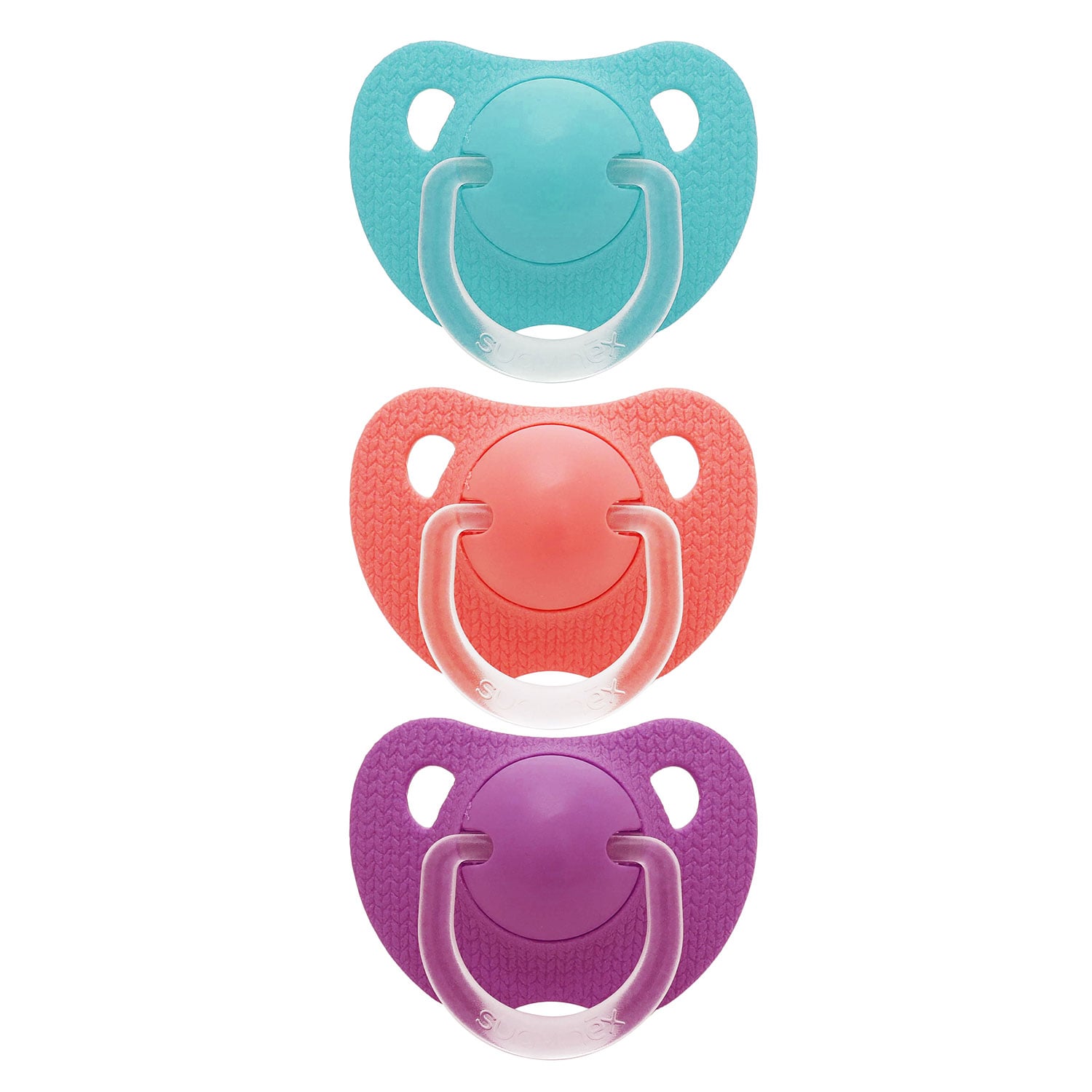 PACK 3 CHUPETES SILICONA EVOLUTION CELESTE, ROSADO, MORADO - 1