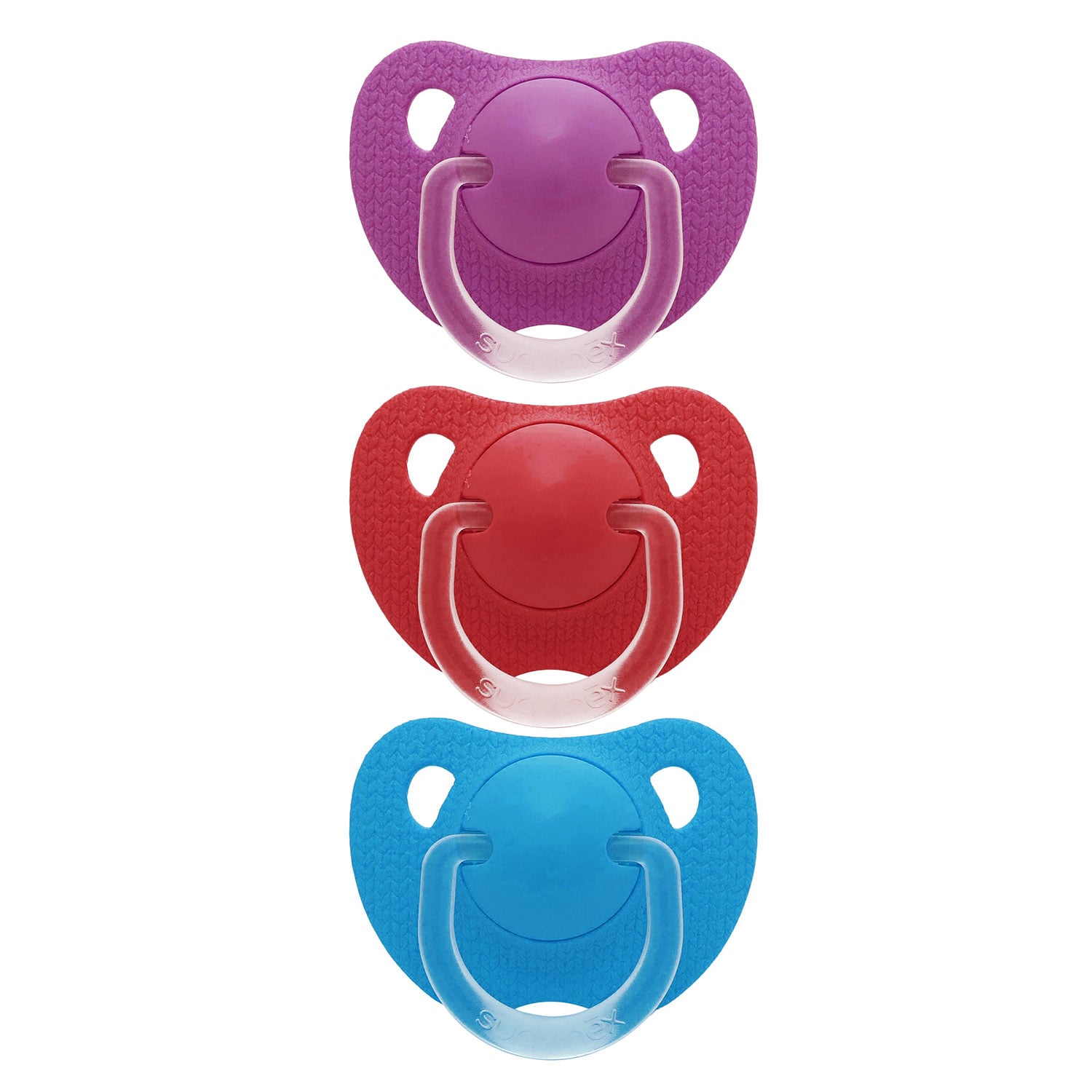PACK 3 CHUPETES SILICONA EVOLUTION MORADO, ROJO, AZUL - 1