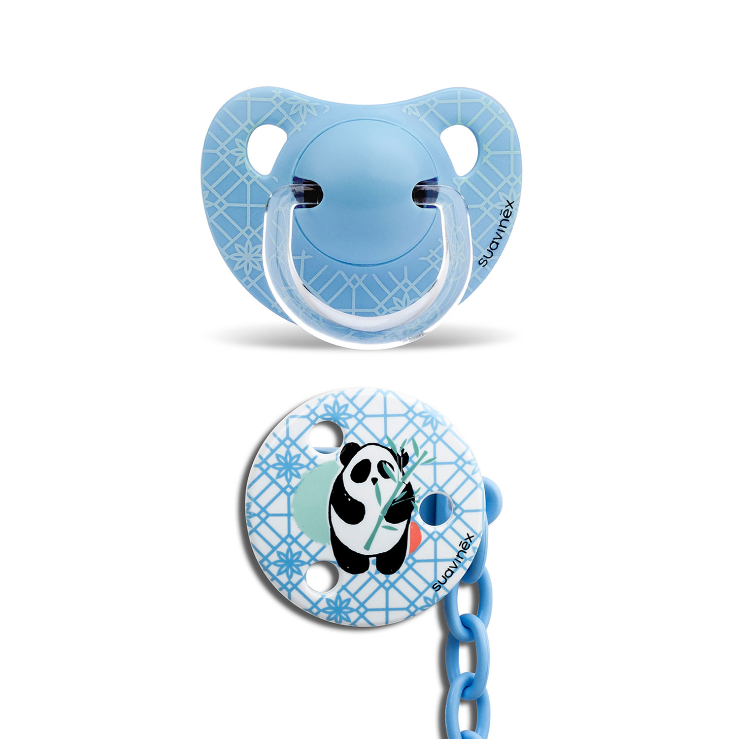 CHUPETE ANATOMICO SILICONA 6-18M + BROCHE REDONDO PANDA TRAMA EN COLOR BLANCO - 1
