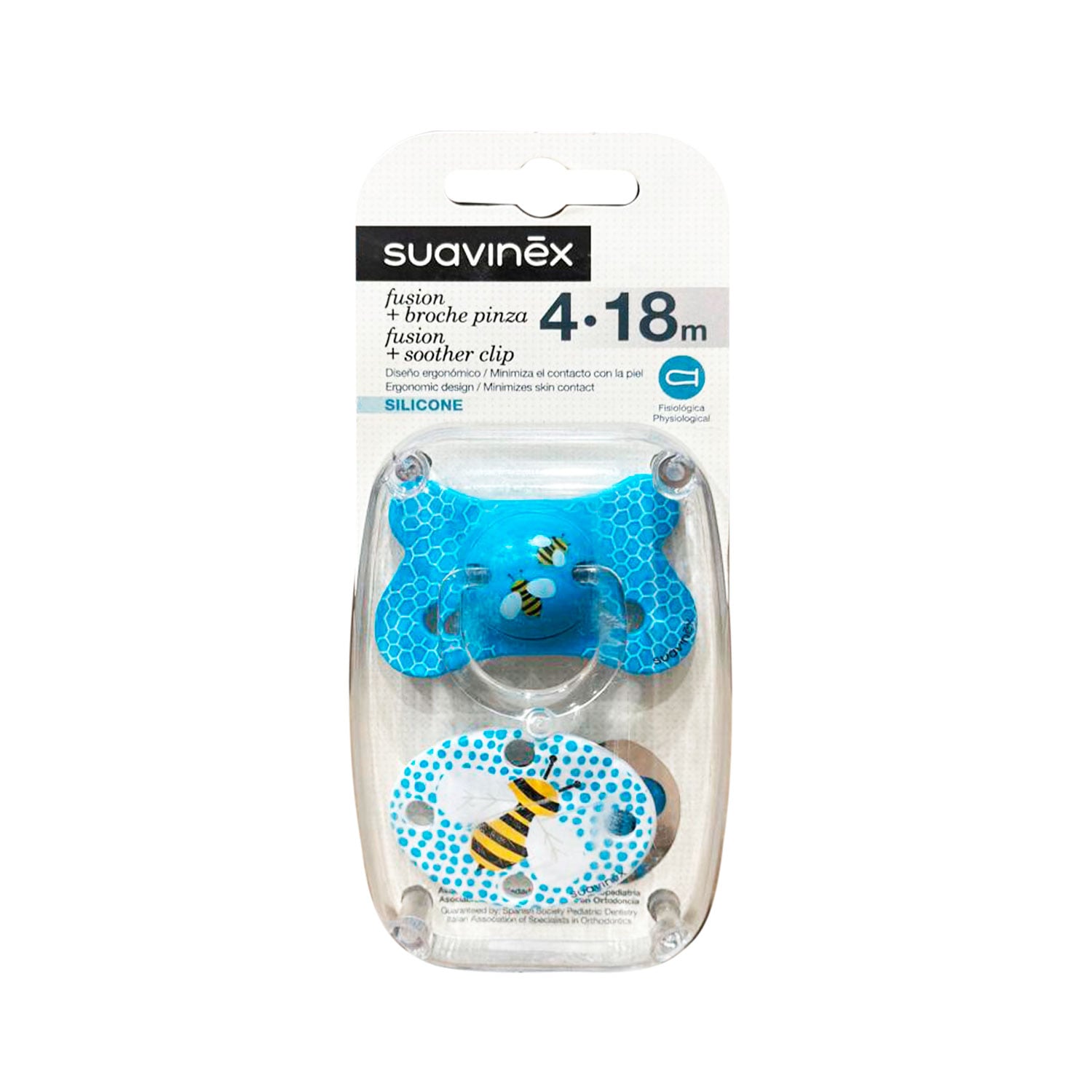 CHUPETE FISIOLOGICO SILICONA 4-18 + BROCHE OVLADADO ABEJA AZUL - 1