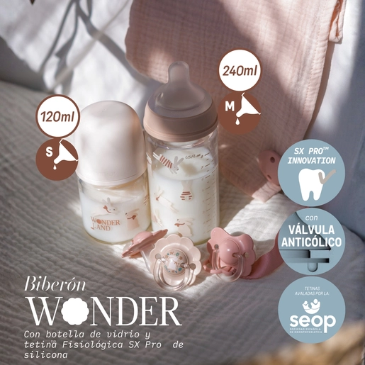 MAMADERA VIDRIO 240ML FISIOLOGICA SILICONA FLUJO S WONDER LIBER BEIGE - 3
