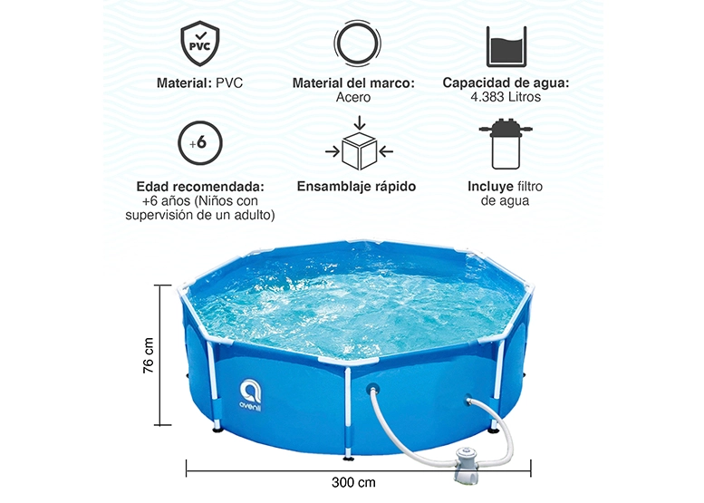 PISCINA AVENLI 76X300 CM CON FILTRO 4383 L CELESTE - 3