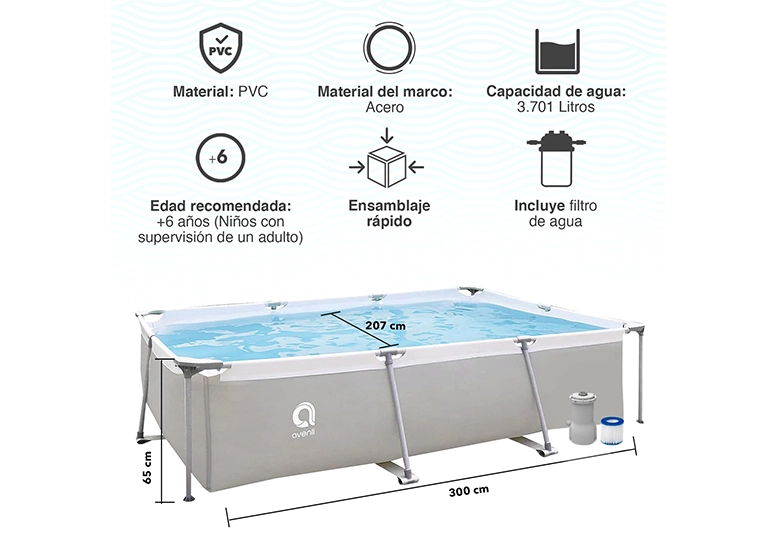 PISCINA AVENLI 65X207X300 CM CON FILTRO 3701 L GRIS - 3