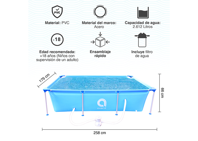 PISCINA ESTRUCTURAL AVENLI 66X179X258 CM CON FILTRO 2612 L - 3