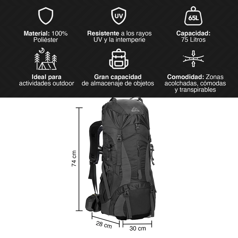 MOCHILA OUTDOOR 75 LITROS NEGRA - 2