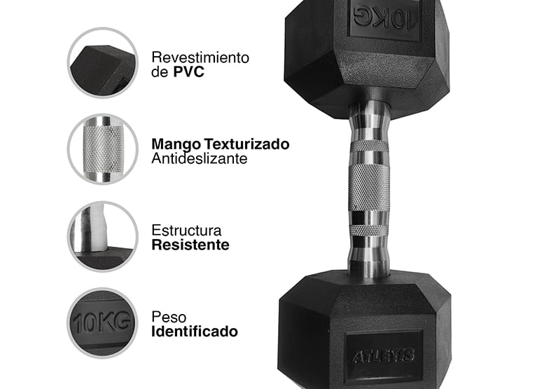 MANCUERNA ATLETIS ACERO / PVC 10 KG HEXAGONAL NEGRO - 4