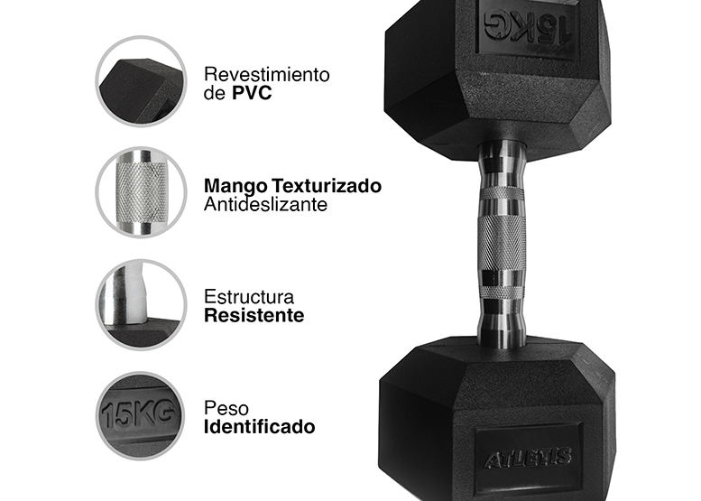 MANCUERNA ATLETIS ACERO / PVC 15 KG HEXAGONAL NEGRO - 4