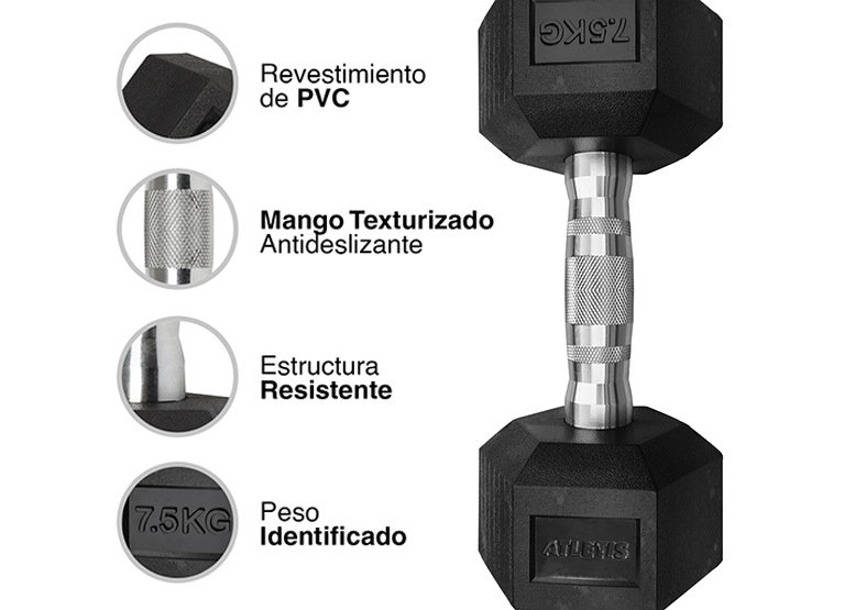 MANCUERNA ATLETIS ACERO / PVC 7.5 KG HEXAGONAL 7,5 NEGRO - 4