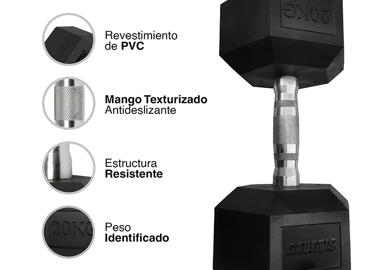 MANCUERNA ATLETIS ACERO / PVC 20 KG HEXAGONAL NEGRO - 4