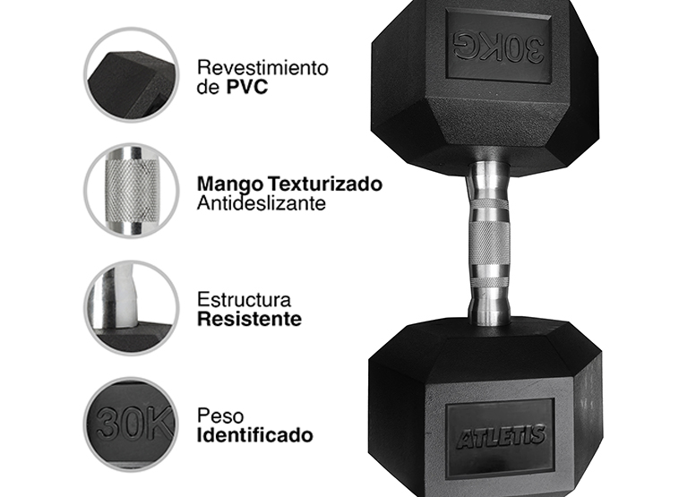 MANCUERNA ATLETIS ACERO / PVC 30 KG HEXAGONAL NEGRO - 4