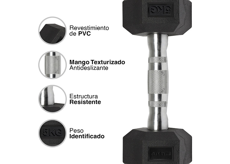 MANCUERNA ATLETIS ACERO / PVC 5 KG HEXAGONAL NEGRO - 4
