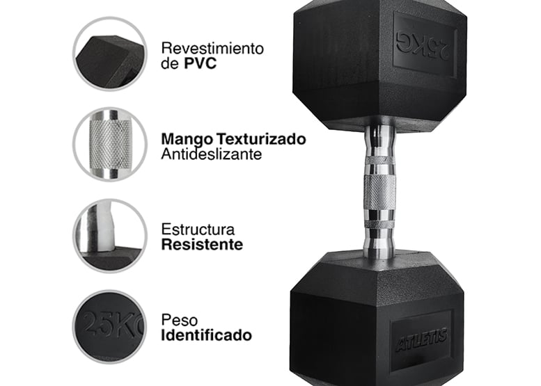 MANCUERNA ATLETIS ACERO / PVC 25 KG HEXAGONAL NEGRO - 4