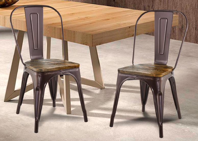 Pack 4 Sillas Tolix Vintage Con Asiento De Madera Cafe - 2