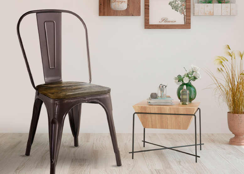 Pack 4 Sillas Tolix Vintage Con Asiento De Madera Cafe - 6