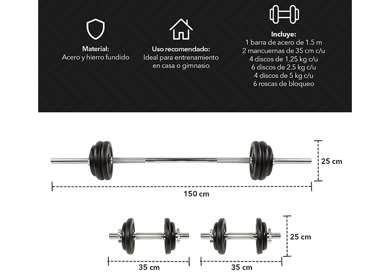 SET BARRA MANCUERNAS ATLETIS ACERO CROMADO 48.9 KG METAL 50 NEGRO - 3