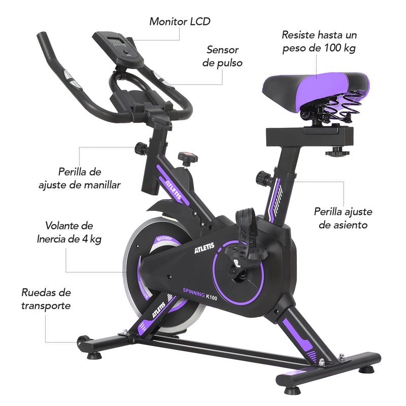 BICICLETA SPINNING ATLETIS 1639850 CAPACIDAD 100 KG MORADO - 7