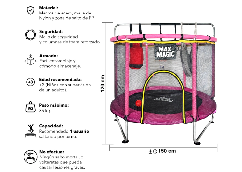 CAMA ELÁSTICA INFANTIL MAX MAGIC ROSADA CON ACCESORIOS 150CM - 3