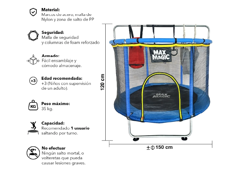 CAMA ELÁSTICA INFANTIL MAX MAGIC AZUL CON ACCESORIOS 150CM - 3
