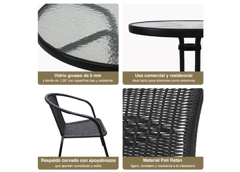 SET TERRAZA MACEIO 2 SILLAS  + MESA VIDRIO 70X60 CM NEGRO - 7