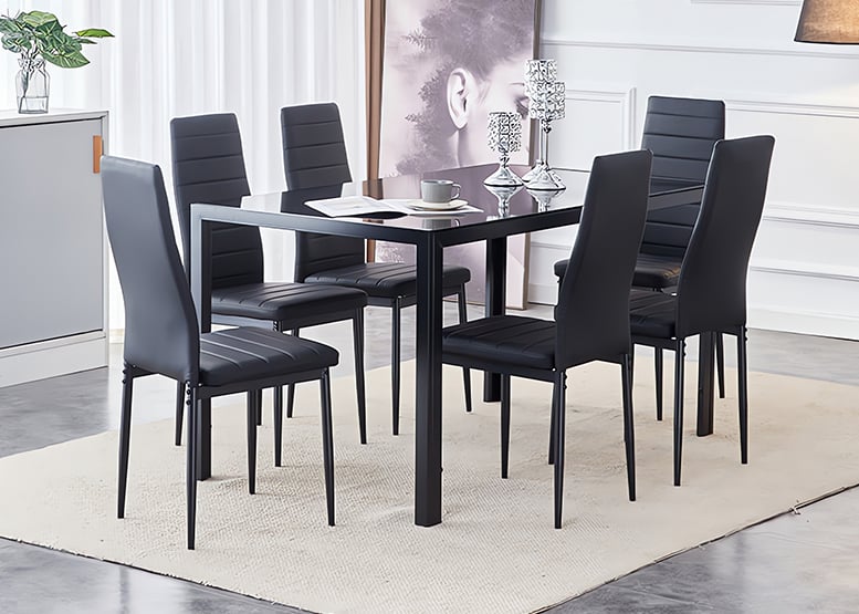 Comedor Mesa Vidrio 75x80x150 6 Sillas Pu Negro - 6