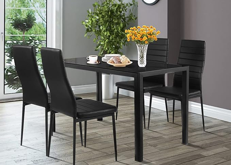 COMEDOR MESA VIDRIO 75X80X120CM + 4 SILLAS PU NEGRO - 6
