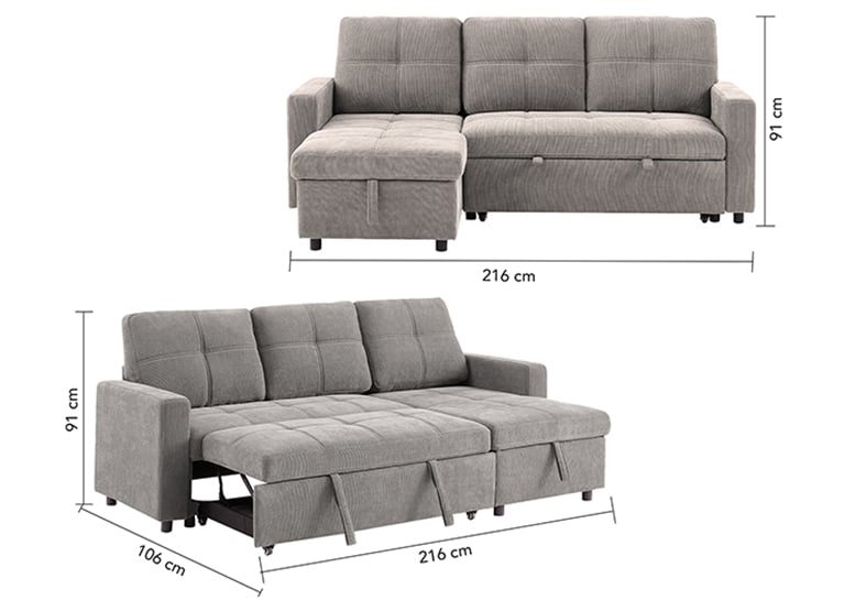 SOFÁ CAMA 3 CUERPOS GRIS 216X106X91CM ALMACENAJE - 3