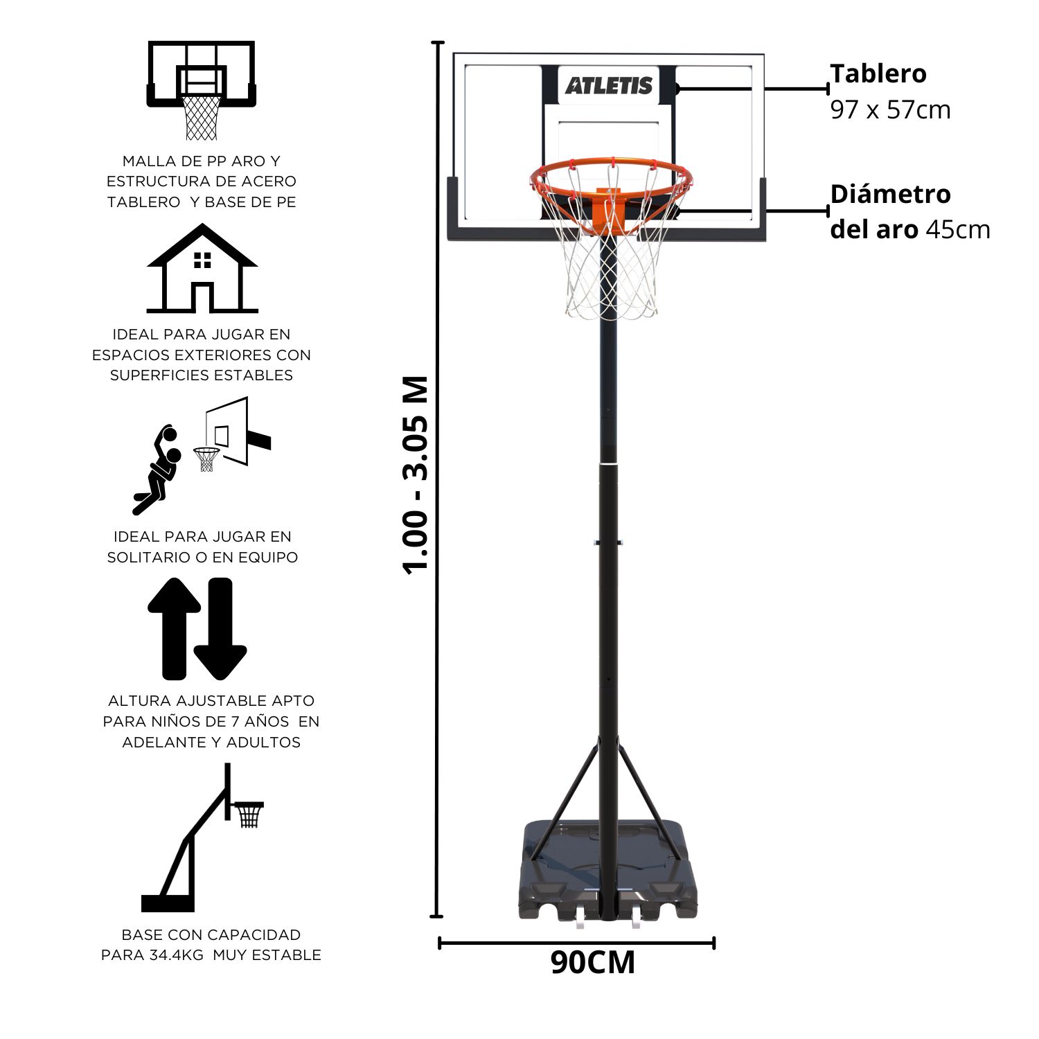 ARO DE BASQUETBOL AJUSTABLE 1.00 M A 3.05 M ARENA - 5