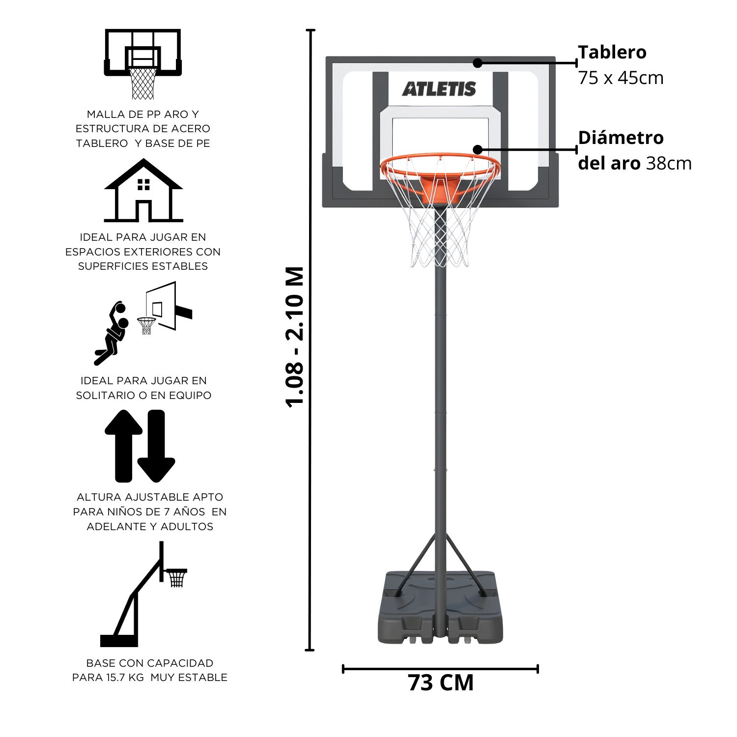 ARO DE BASQUETBOL AJUSTABLE 1.08 M A 2.10 M ARENA - 5