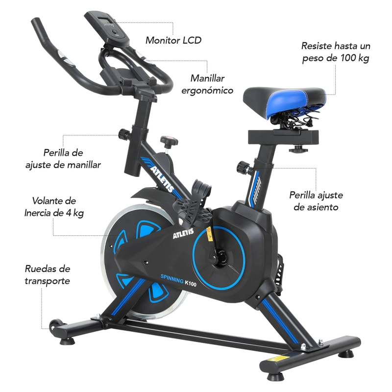 BICICLETA SPINNING ATLETIS 1639950 CAPACIDAD 100 KG AZUL - 7