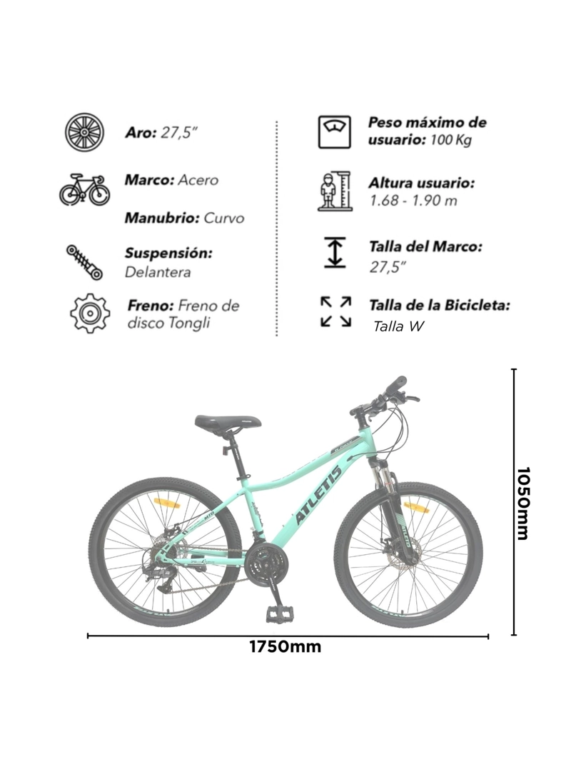 BICICLETA MOUNTAIN BIKE W FORCE TURQUESA ARO 27.5 ATLETIS - 3
