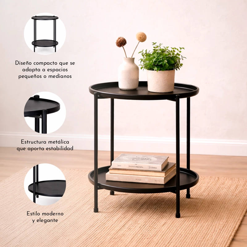 MESA LATERAL METALICA CON REPISA 57X43X43 CM NEGRO - 4