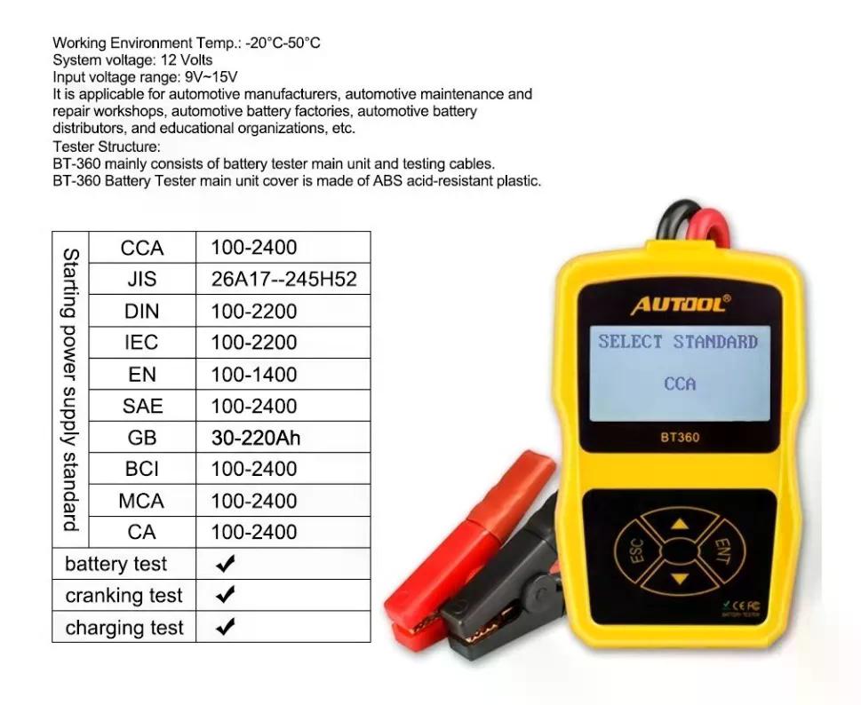 SCANNER AUTO AUTOOL PROBADOR DE BATERÍA BT360 BATERÍA PROFESIONAL - 3