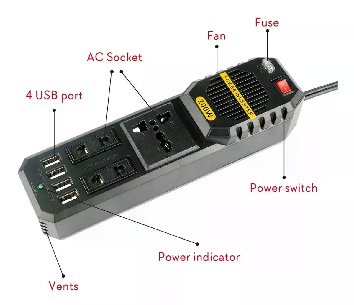 CARGADOR INVERSOR VOLTAJE 12V A 220V 200 WATT - 5