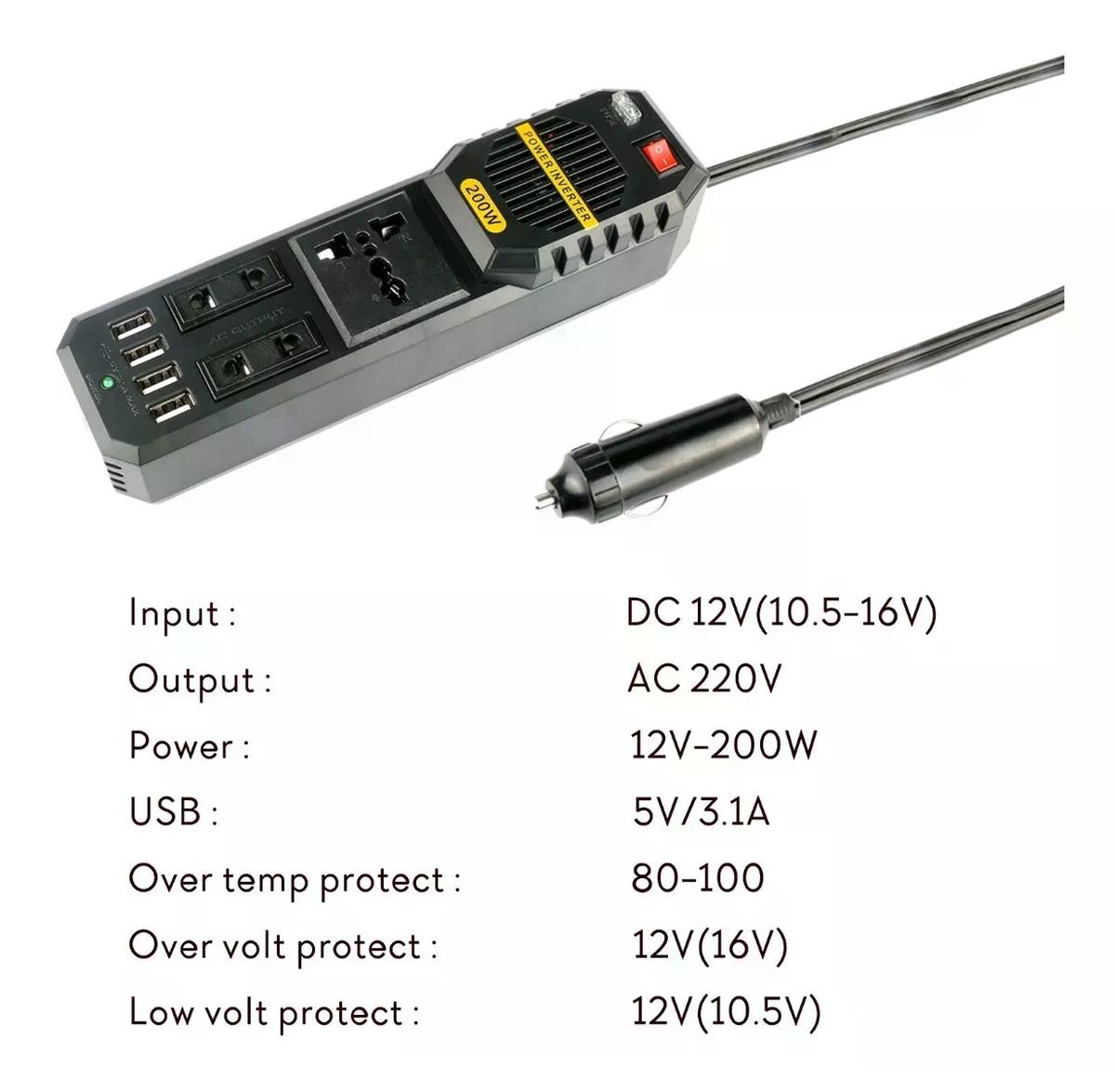 CARGADOR INVERSOR VOLTAJE 12V A 220V 200 WATT - 6