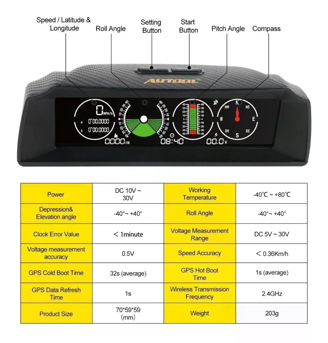 MEDIDOR VELOCIDAD AUTOOL X90 GPS PENDIENTE INCLINÓMETRO BRÚJULA 4X4 - 4