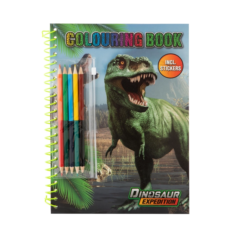 LIBRO PARA PINTAR DINOSAURIO CON LAPICES Y STICKERS DINOSAUR EXPEDITION
