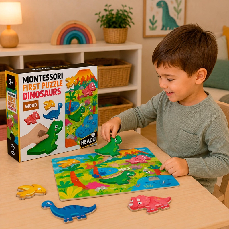 PRIMER PUZZLE MONTESSORI DINOSAURIOS DE MADERA HEADU - 3