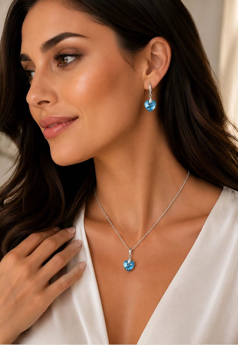 CONJUNTO JOYAS MONTERO PLATA ITALIANA 925 AROS + COLLAR ROMANCE Y CRISTALES GENUINOS AQUAMERINE - 4