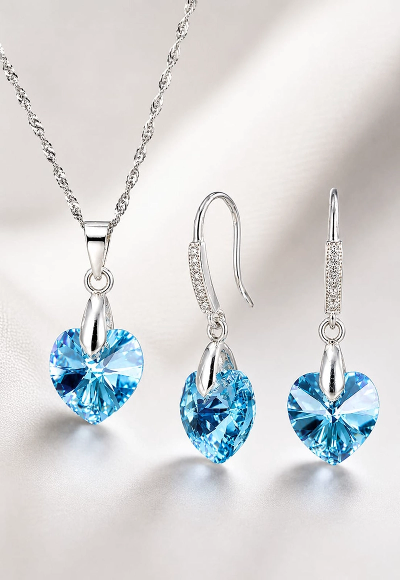 CONJUNTO JOYAS MONTERO PLATA ITALIANA 925 AROS + COLLAR ROMANCE Y CRISTALES GENUINOS AQUAMERINE - 5