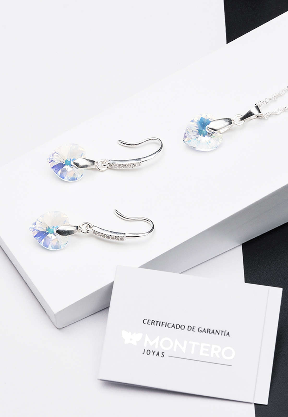 CONJUNTO JOYAS MONTERO PLATA ITALIANA 925 AROS + COLLAR ROMANCE Y CRISTALES GENUINOS AURORA BOREAL - 2