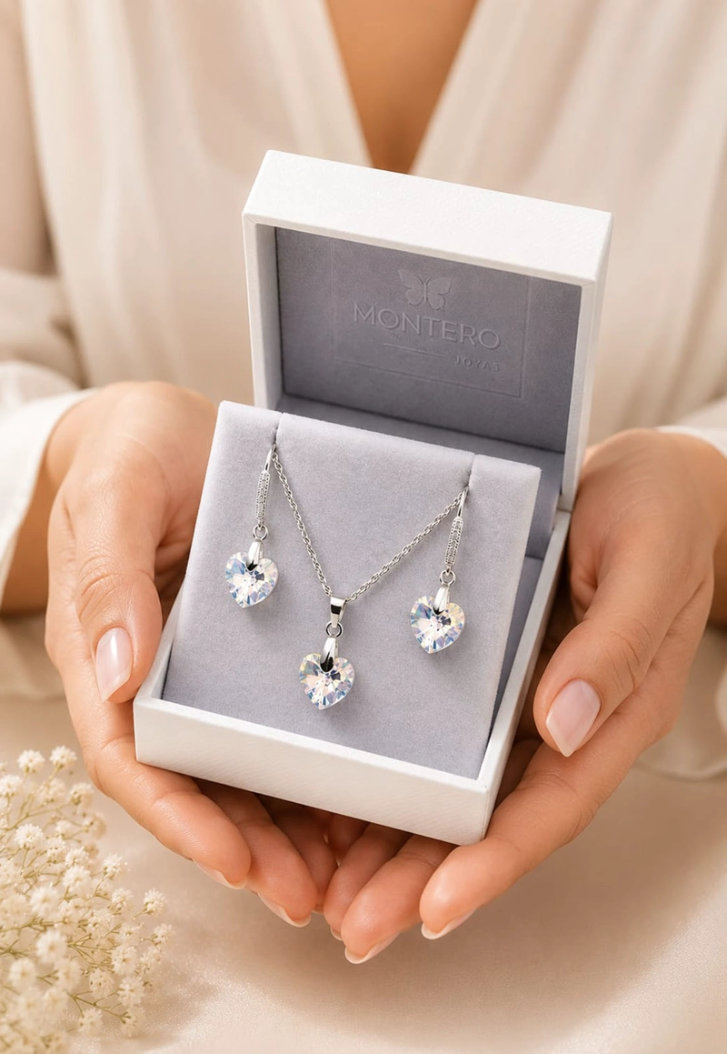CONJUNTO JOYAS MONTERO PLATA ITALIANA 925 AROS + COLLAR ROMANCE Y CRISTALES GENUINOS AURORA BOREAL - 6